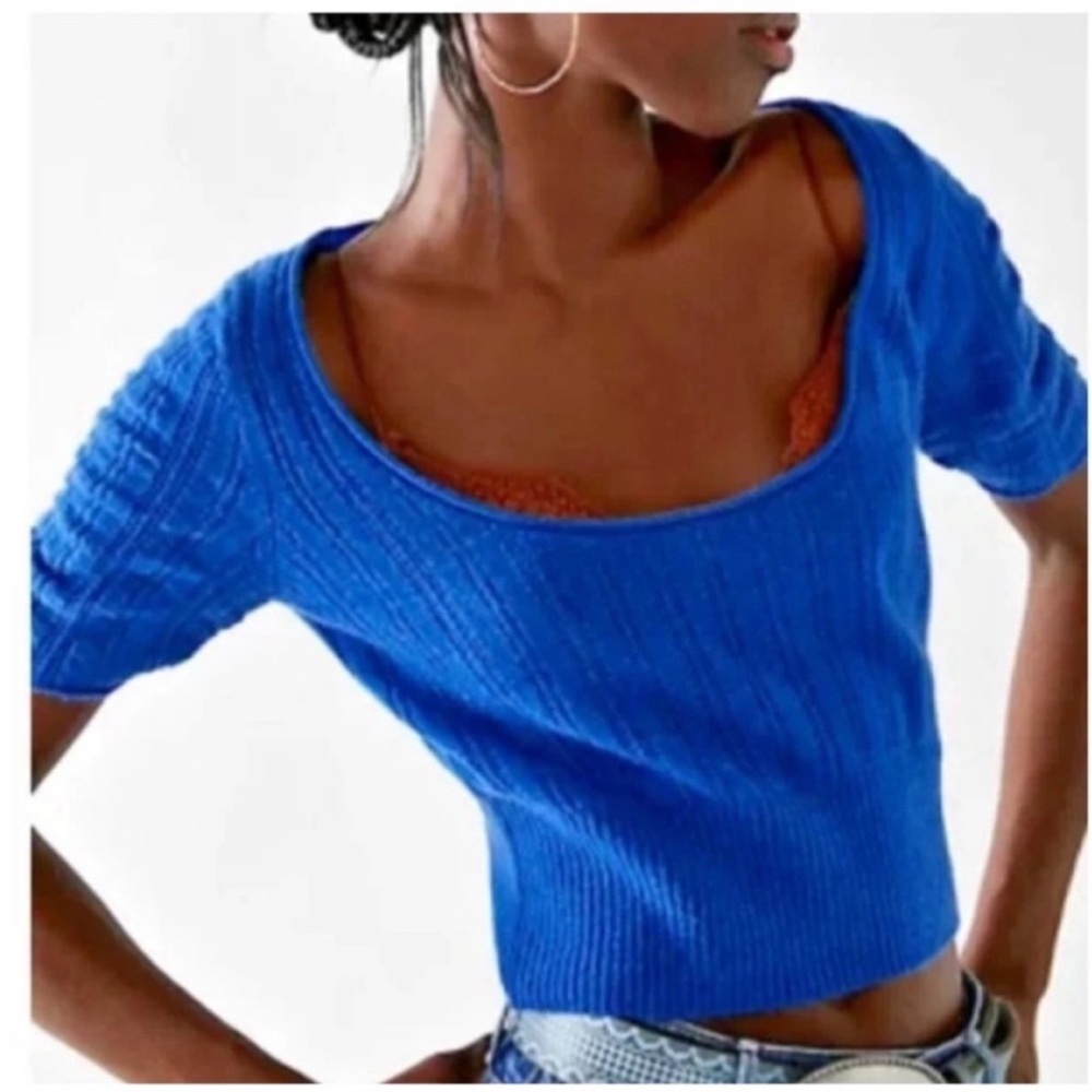 Free People Cashmere Ava Blue Short Sleeve Cropped Sweater, Size XL, NWT